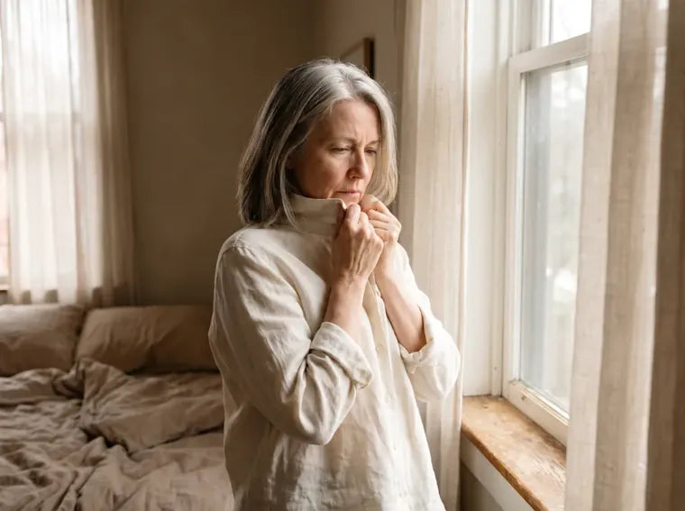 A woman in her late fifties quietly checking the collar of her blouse